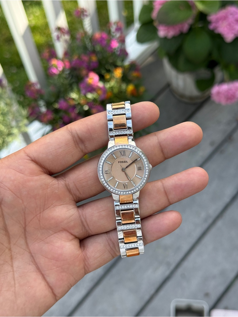 Fossil Two-Tone Rose Gold and Silver Crystal Bracelet Watch Womens - Picture 2 of 11
